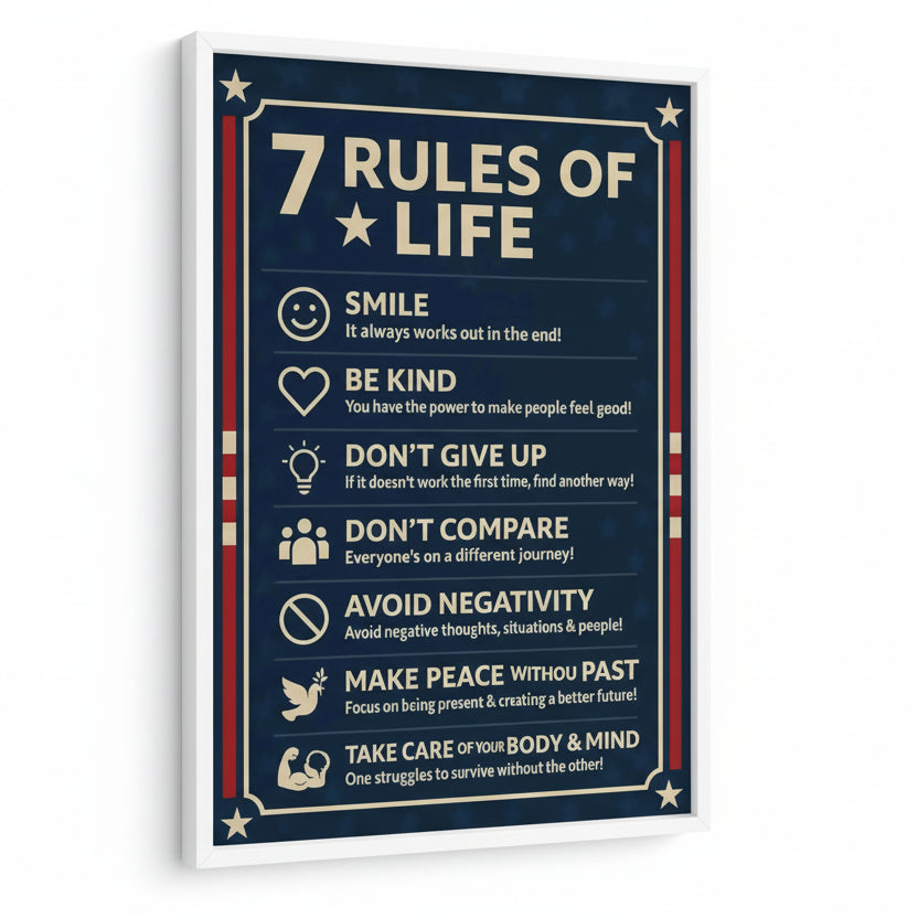 canvas with '7 Rules of Life' on a dark blue background with white text and icons.