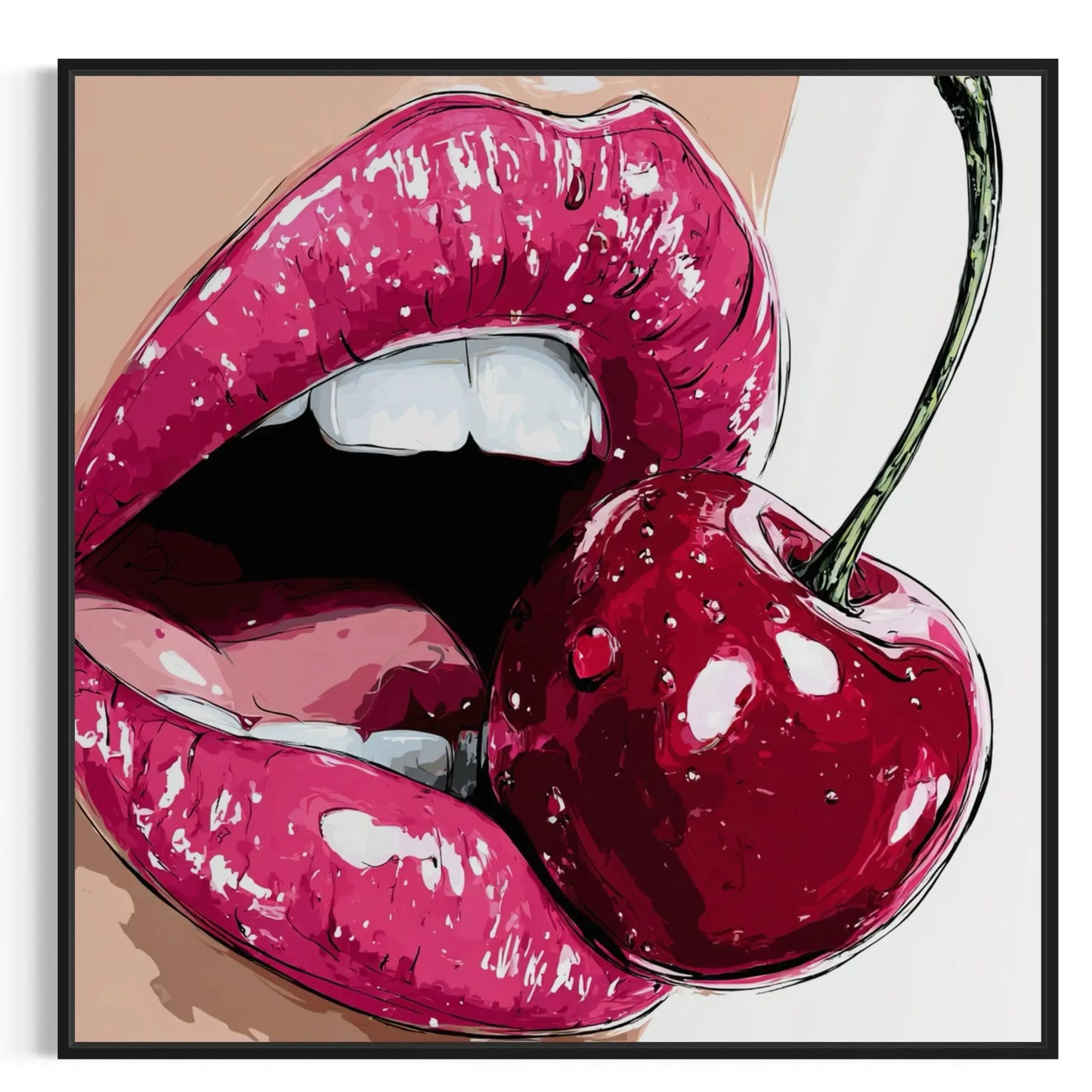 a canvas print of pink lips and a cherry on the wall