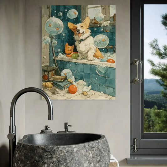 Corgi Bathroom Wall Art – funny bathroom wall art Dog Bubble Bath Canvas