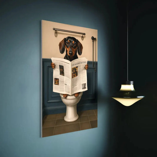 Dachshund Reading Newspaper – Funny Dog Bathroom Wall Art