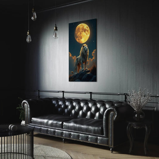 Elegant living room with black sofa and lion moon canvas wall decor