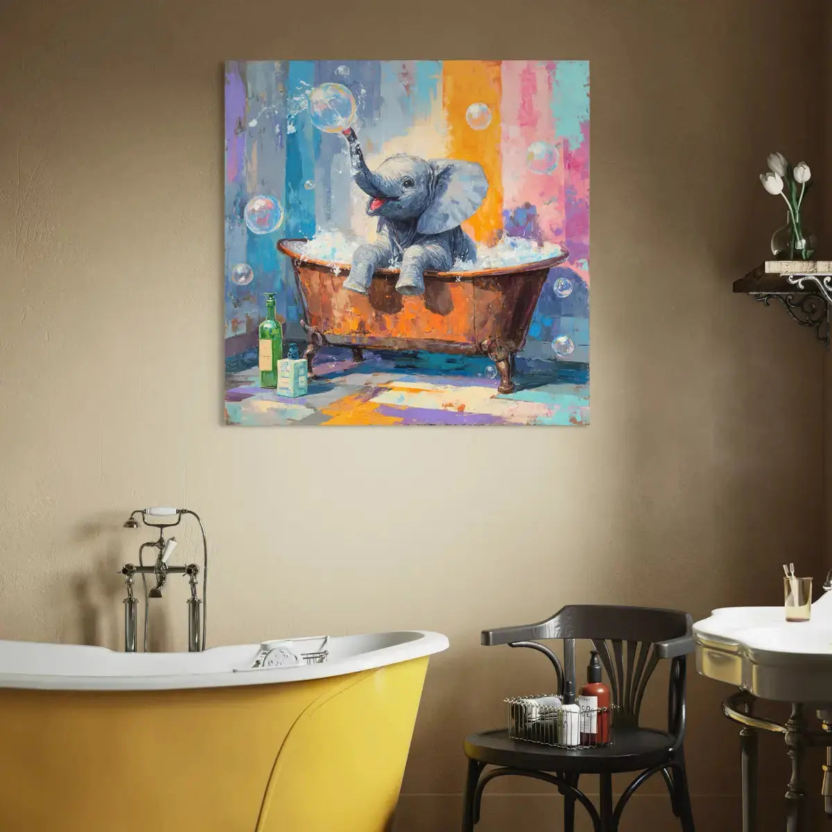 Whimsical modern canvas print of an elephant calf taking a bubble bath in a rustic tub, surrounded by soap bubbles and a multicolor abstract background.