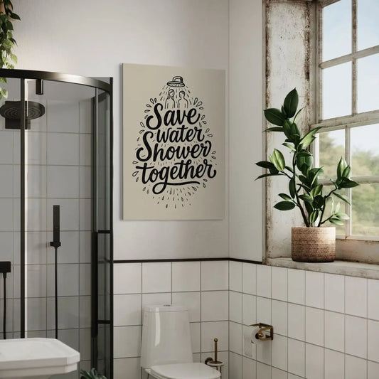 Bathroom interior mockup showing canvas art with “Save Water Shower Together” lettering hanging beside a shower enclosure and toilet.