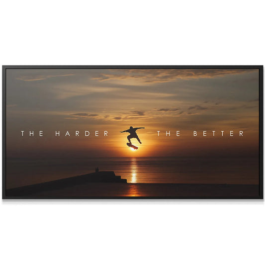 Panoramic view of a pier and expansive sky with the motivational phrase: Action Sports - The Harder The Better.