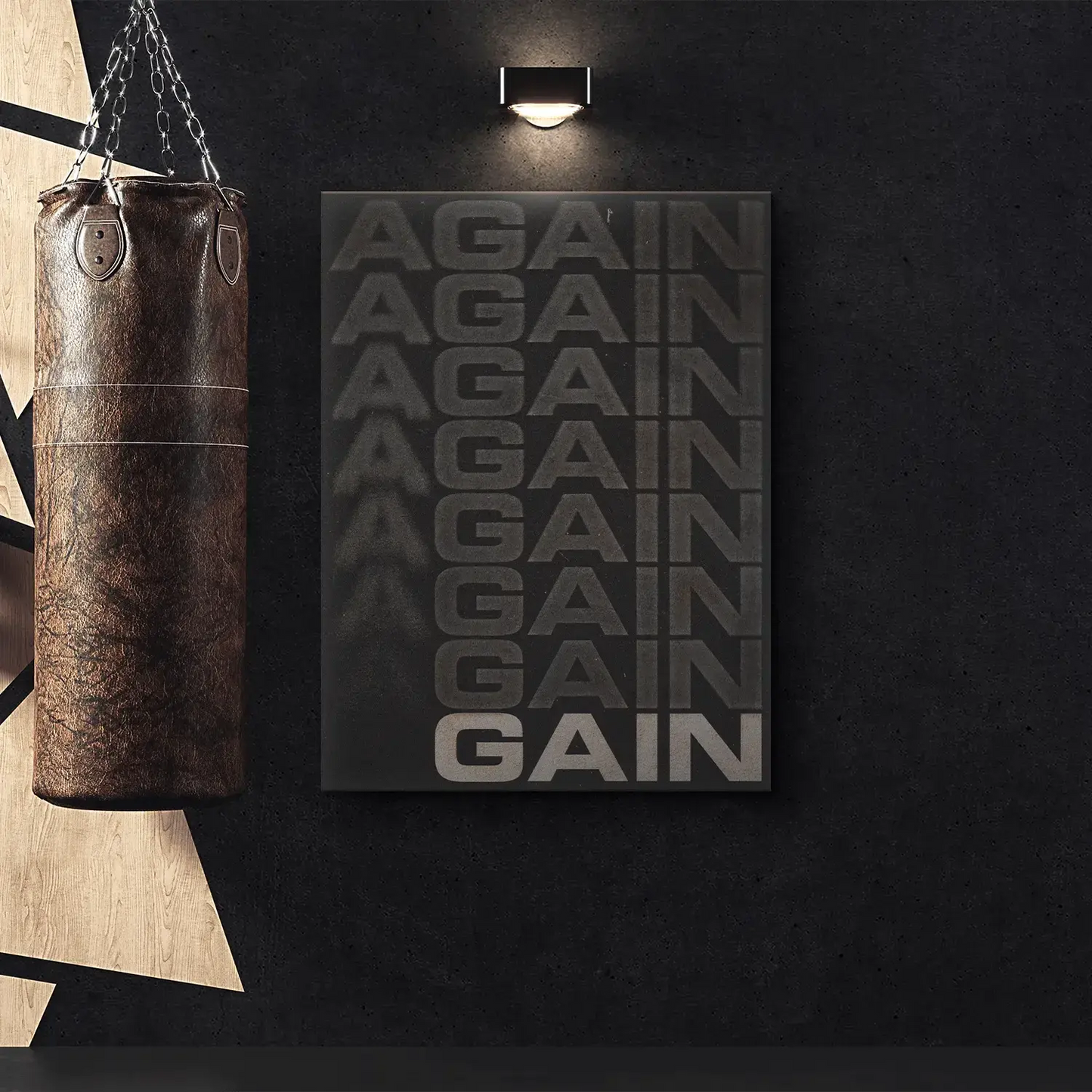 Lifestyle image of the 'Again GAIN' poster framed and displayed in a modern, minimalist living room setting.
