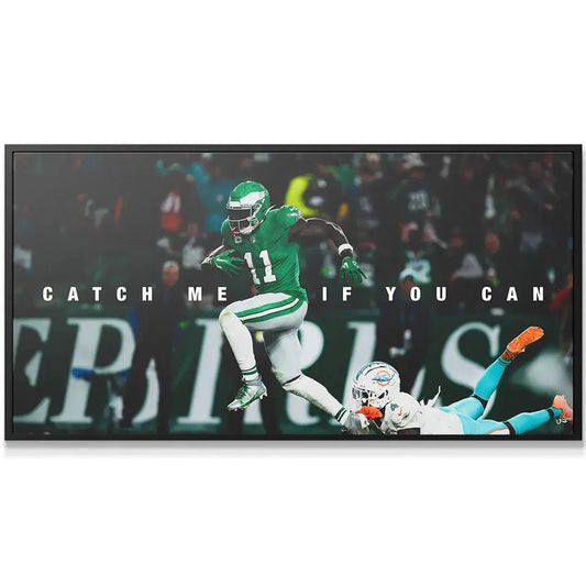 Close-up detail of AJ Brown's focused expression and green Eagles helmet in the Catch Me If You Can artwork.