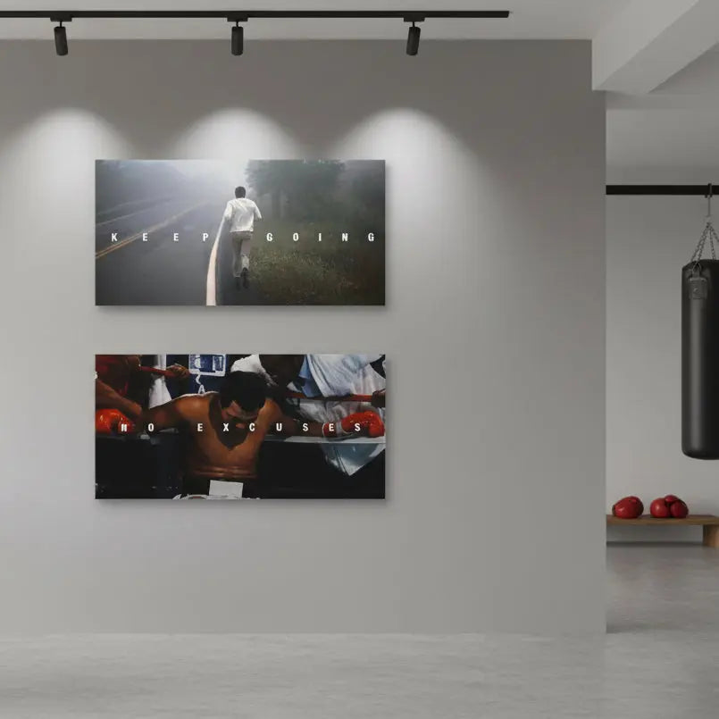 Two motivational posters with text 'KEEP GOING' and 'NO EXCUSES' on a white background.