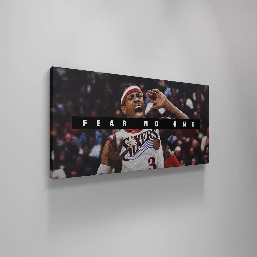 Motivational sports wall decor capturing the raw intensity and defiance of Allen Iverson - Fear No One.