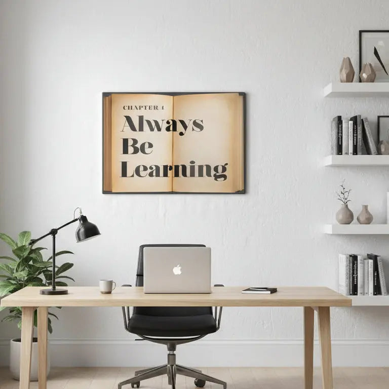 Macro view of the heavy serif font typography used for the central phrase 'Always Be Learning' and 'Chapter 1'.