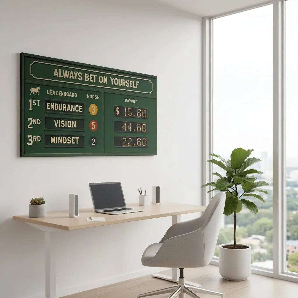 Lifestyle shot of the 'Always Bet on Yourself' print hanging above a modern office desk setup for inspiration.