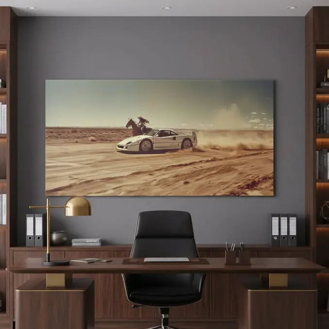 Detail of the horse and determined rider maintaining pace with the exotic car in Always Bet The Jockey - No Quote artwork.