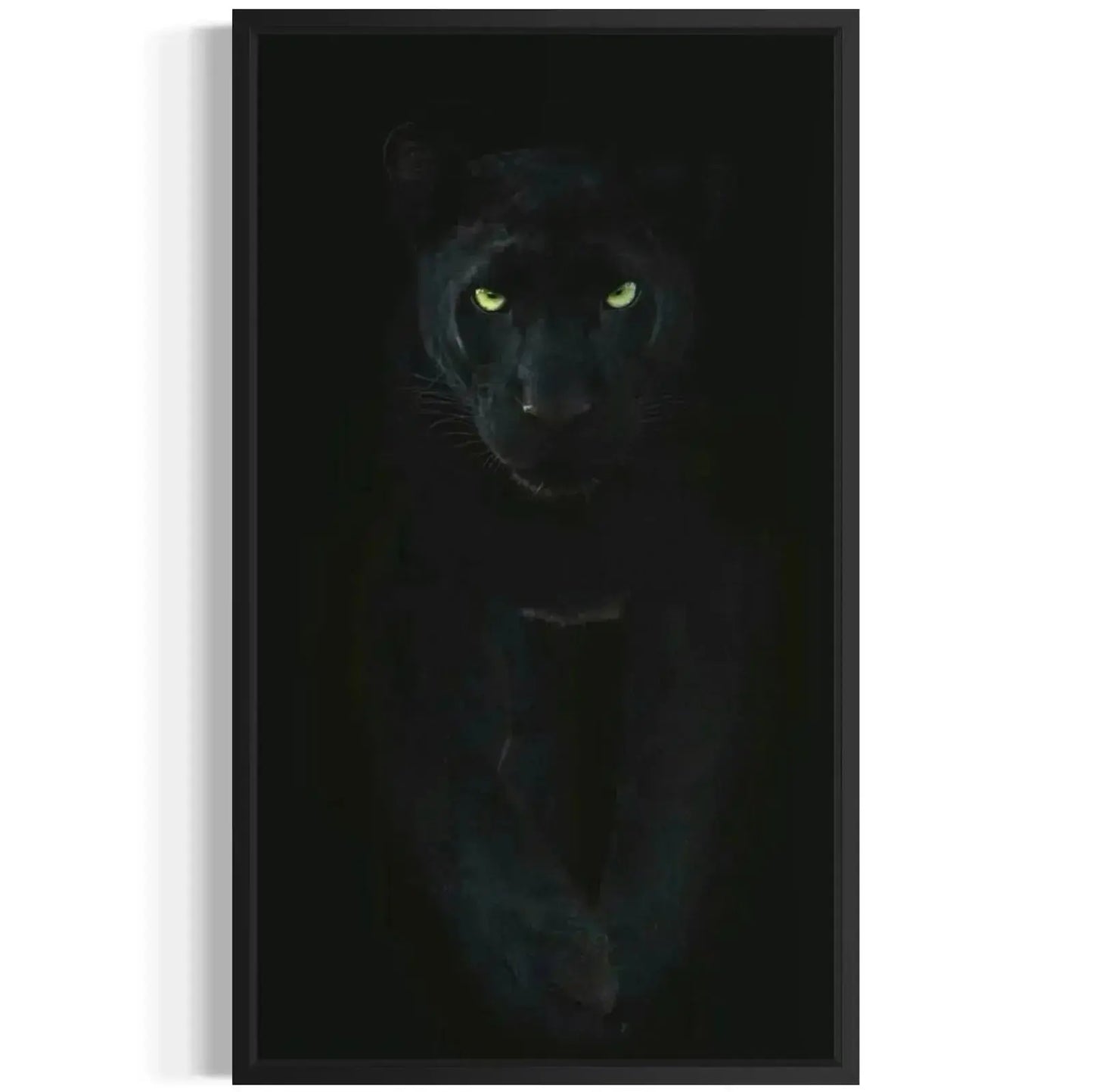 Full view of the dramatic, dark Black panther wall art emphasizing the vertical orientation and deep black background.