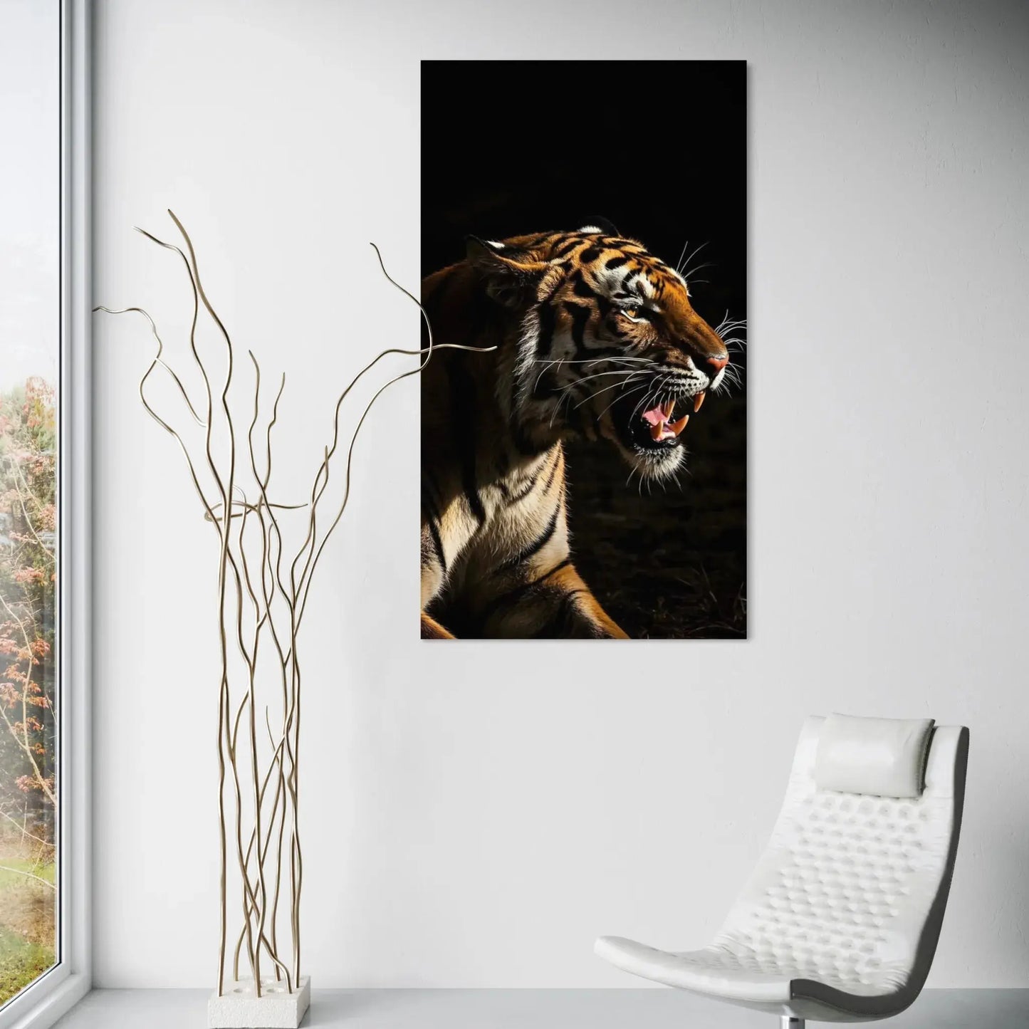 Ferocious tiger growling in a dark setting - wildlife wall art for modern interiors