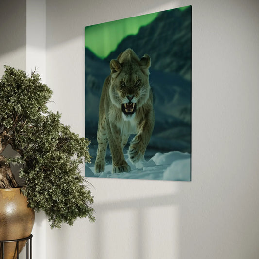 Roaring lioness under green northern lights in a snowy mountain landscape – powerful wildlife artwork