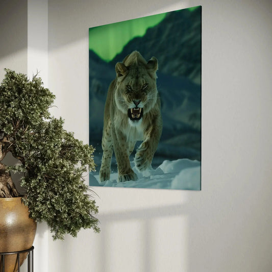 Roaring lioness under green northern lights in a snowy mountain landscape – powerful wildlife artwork