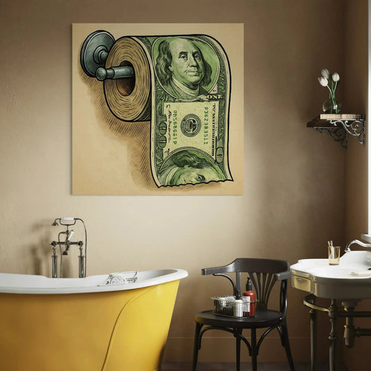 Funny Bathroom Canvas Art – Dollar Bill Toilet Paper Roll