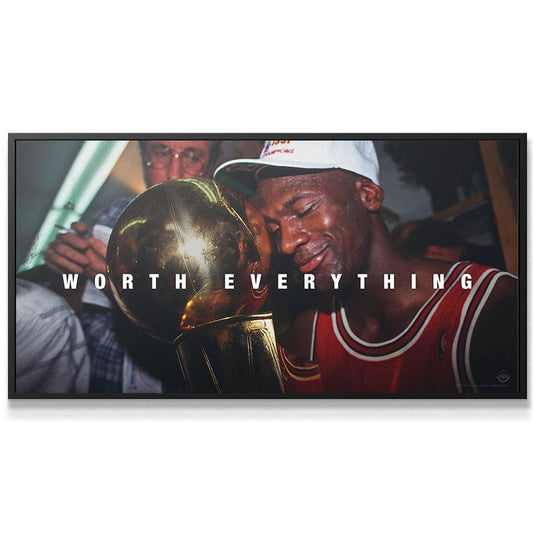 Two men hugging, one holding a trophy with 'WORTH EVERYTHING' text overlay.