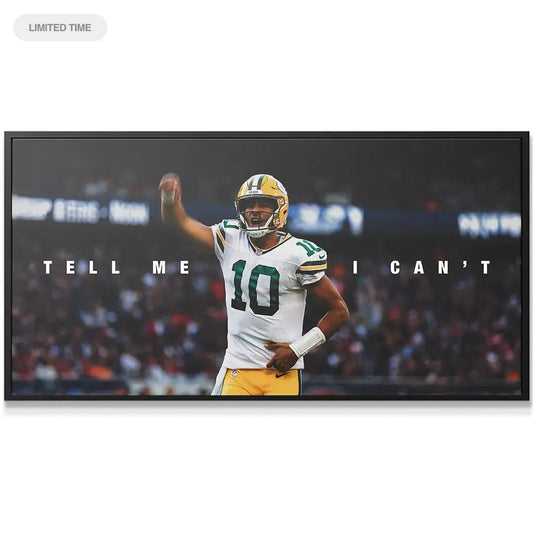 Close-up detail of Jordan Love's focused face and #10 jersey on the 'Jordan Love - Tell Me I Can't' canvas.