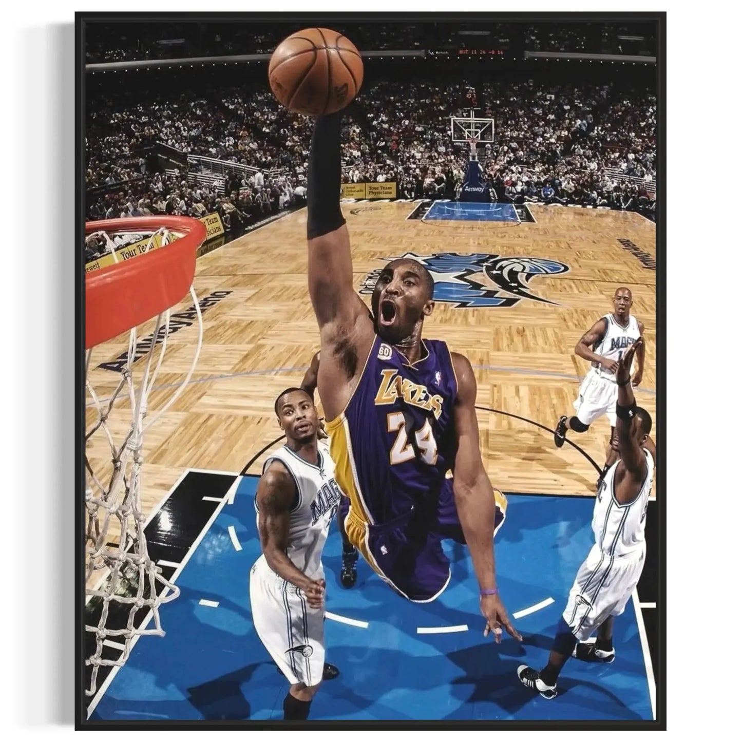 Kobe Bryant slam dunk captured mid-air – iconic Lakers basketball canvas print