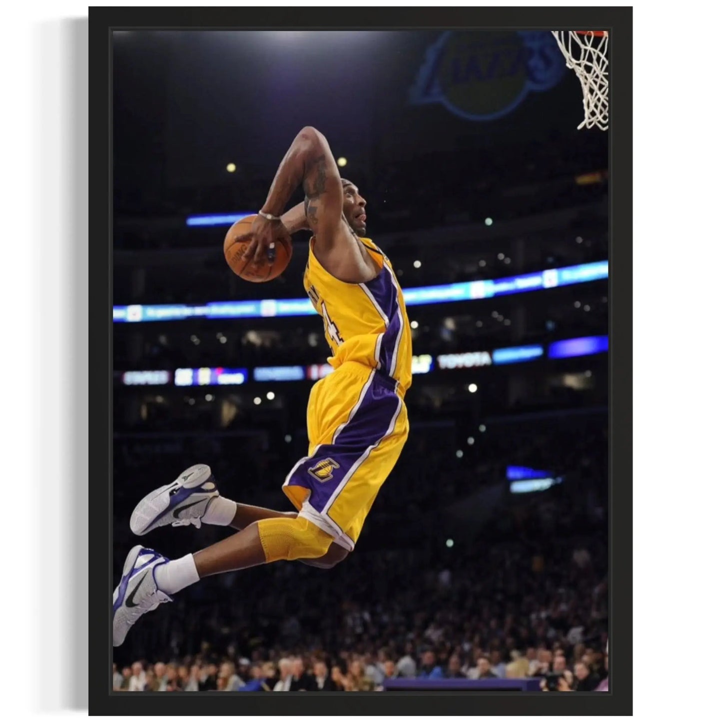 Framed Kobe Bryant wall art featuring powerful slam dunk – Lakers basketball canvas print
