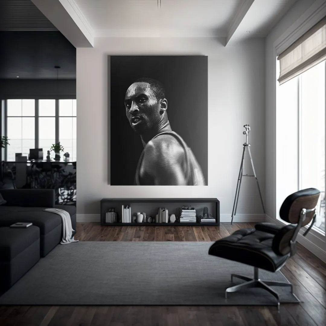 Limited edition canvas art featuring the direct, intense gaze of champion Kobe Bryant - Mamba looking over his shoulder.