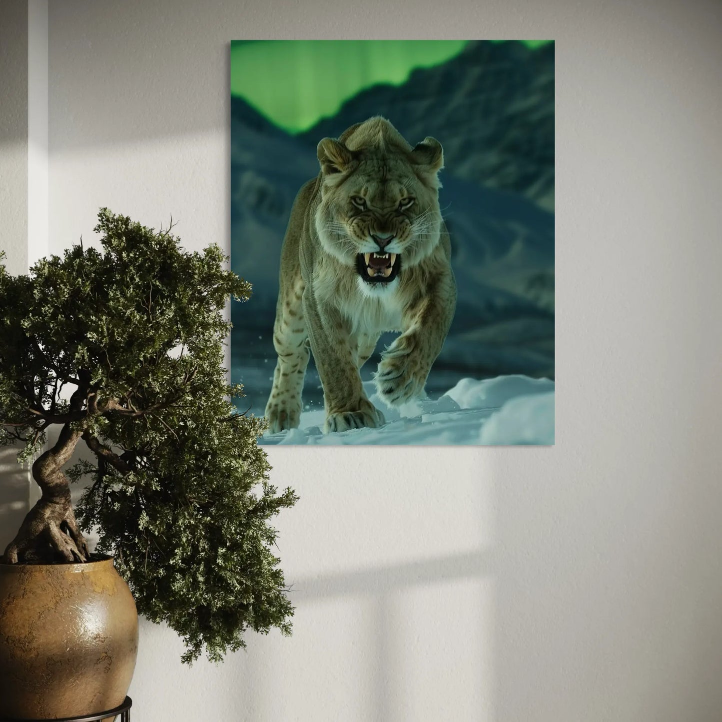 Fine art print of a fierce lioness in a snowy wilderness with glowing night sky