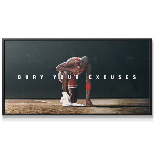 Close-up of Jordan's determined posture and hand touching the floor in the iconic poster: Michael Jordan - Bury Your Excuses.