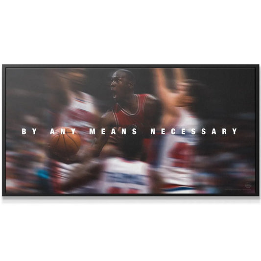 Close-up detail of Michael Jordan's intense expression on the "By Any Means Necessary" motivational print.