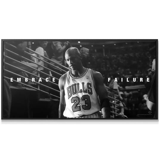 Focused close-up on Jordan's determined facial expression showing the profound message of Michael Jordan - Embrace Failure.