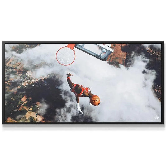 Close-up detail of Michael Jordan - Flight Test focusing on the textured Wilson basketball and Jordan's hand reaching the rim.