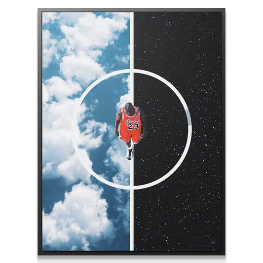 Overhead perspective of MJ in Bulls jersey against the split cosmic and cloud background "Michael Jordan - Heights"