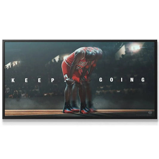 Dynamic close-up focusing on Michael Jordan's hands on his knees and the shoes in the 'Michael Jordan - Keep Going' design.