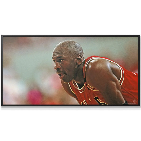 High-resolution panoramic shot of MJ leaning forward, defining the Michael Jordan - Mindset.