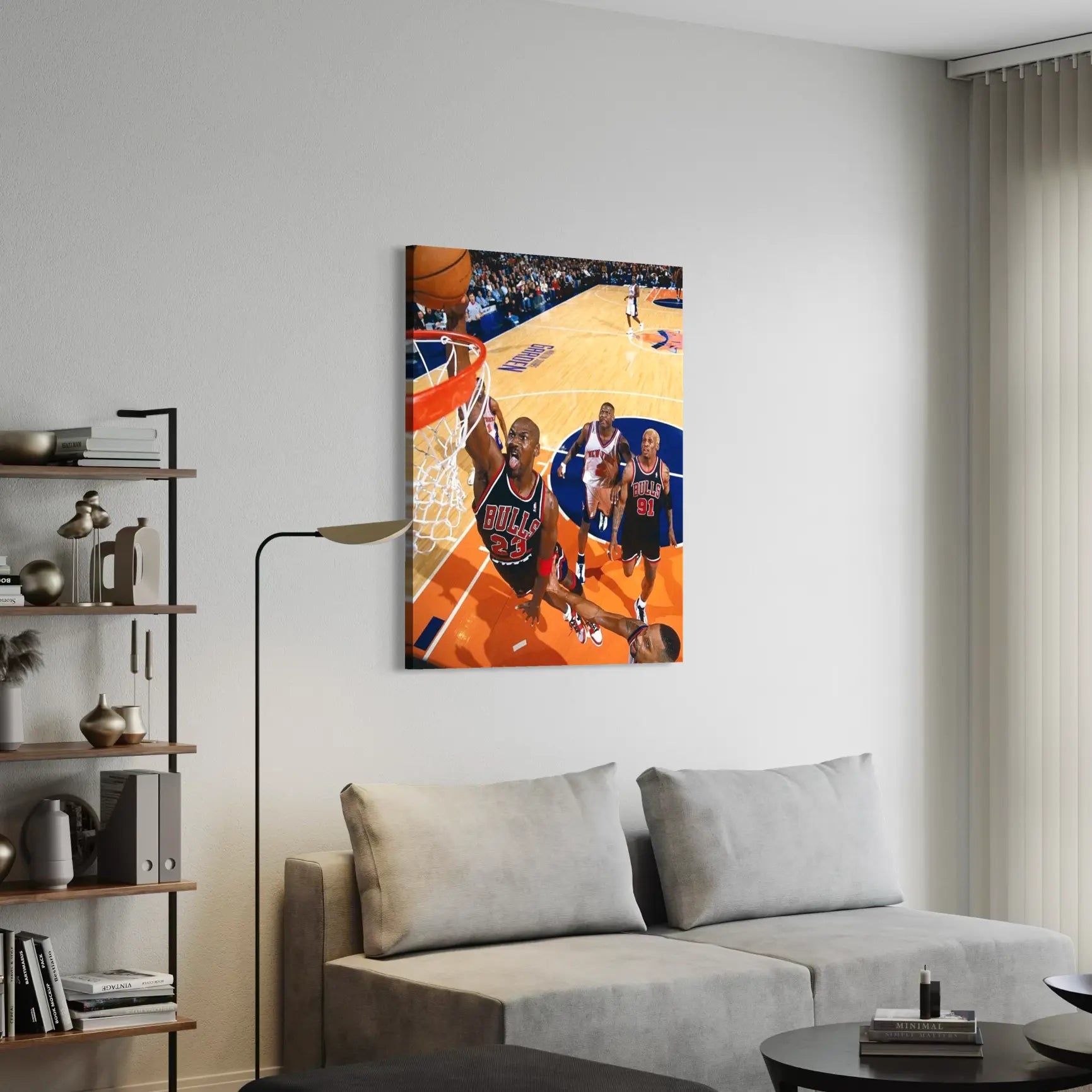Michael Jordan canvas wall art displayed in a modern living room.