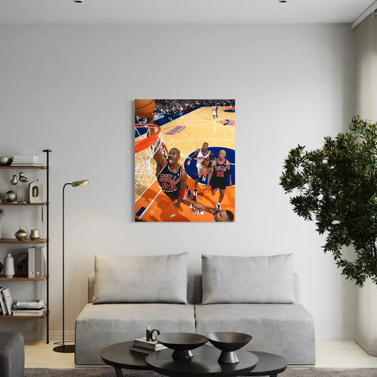 Michael Jordan slam dunk wall art on canvas, Chicago Bulls action print.