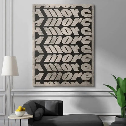 Lifestyle context: '1 More' print mounted above a minimalist sofa in a bright, modern loft apartment setting.
