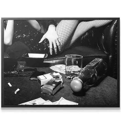 Detail of the fishnet stocking texture against the leather couch in the black and white '3am Print'.