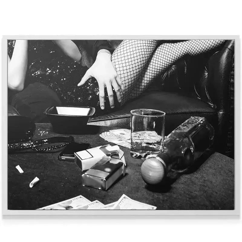 Overhead angle shot capturing the messy table scene of cash and cigarettes in the '3am Print'.