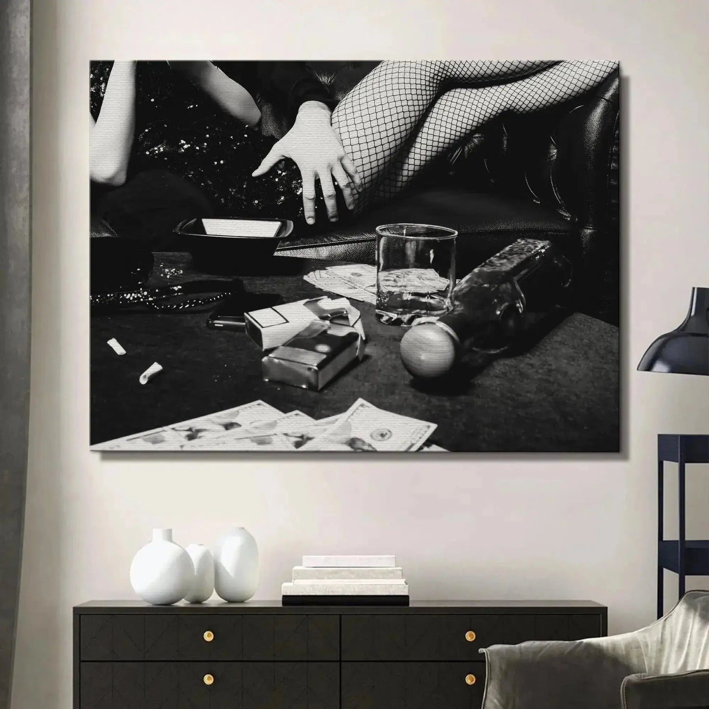 Focused shot on the stacks of bills and discarded cigarette butts in the lower foreground of the '3am Print'.