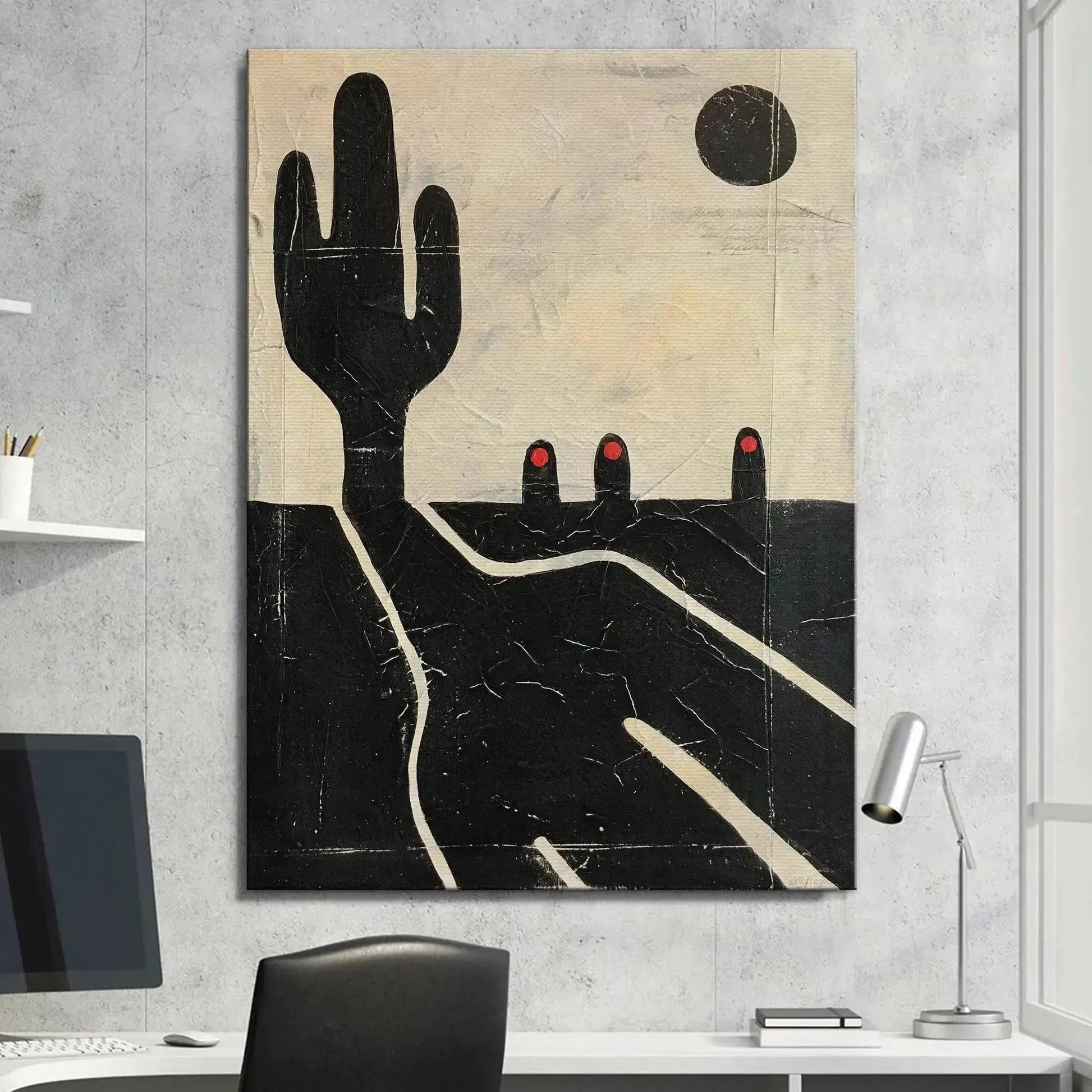 Angular shot showing the path of the white lines crossing the dark terrain in the '3Nuns' piece.