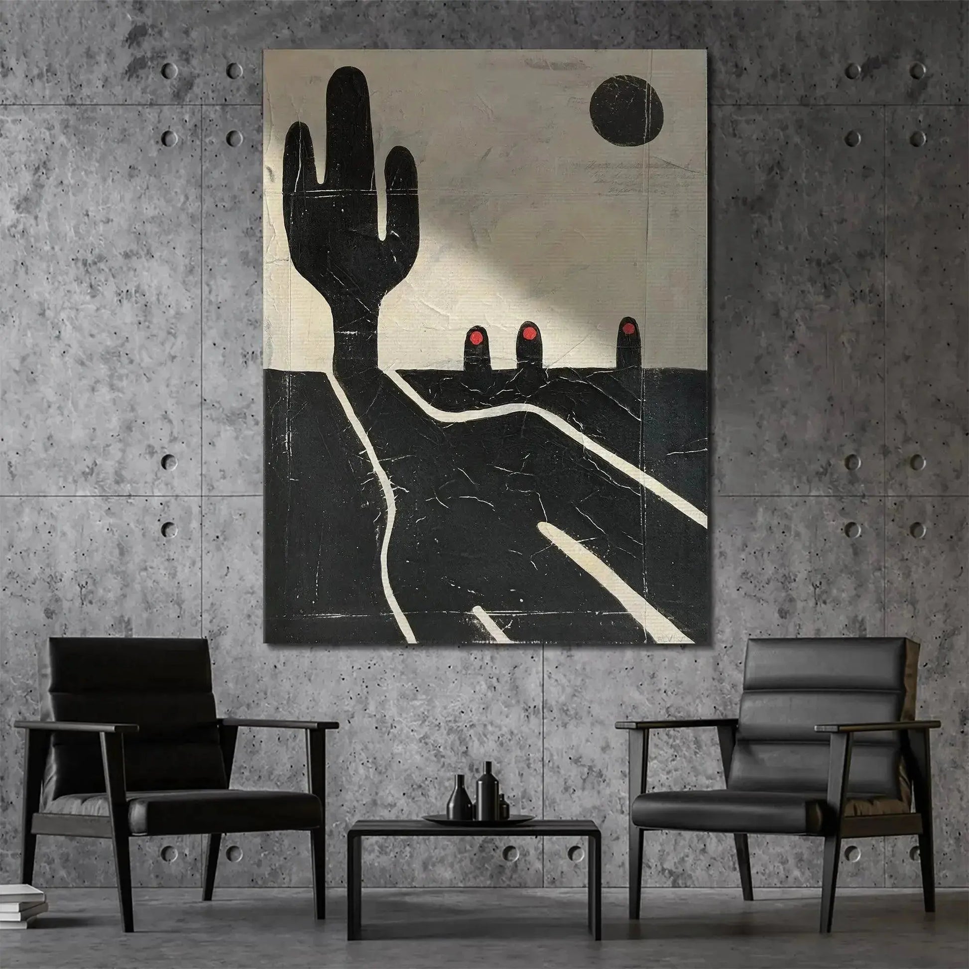 Silhouette of the tall cactus juxtaposed against the black sun/moon in '3Nuns' wall art print.