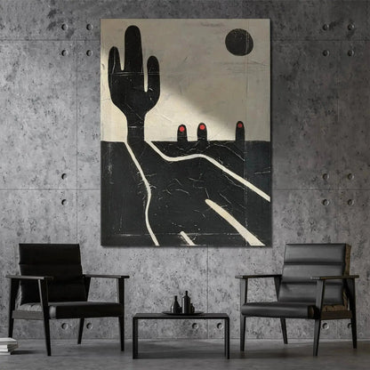 Silhouette of the tall cactus juxtaposed against the black sun/moon in '3Nuns' wall art print.