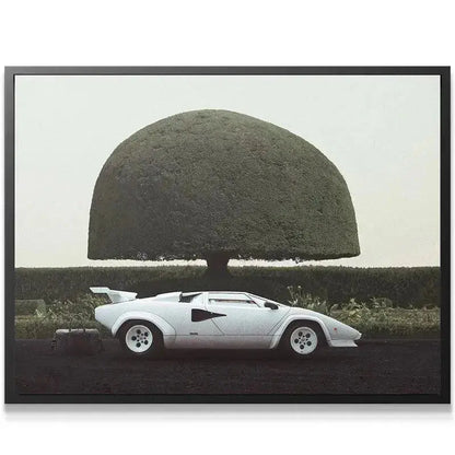 Vintage aesthetic photographic print detailing the rear spoiler of the supercar in '6 am In Hamptons'.