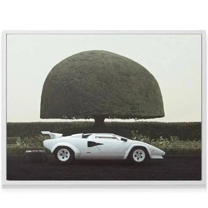 Close-up view of the Countach's iconic rear wheel and fender capturing the moody atmosphere of '6 am In Hamptons'.