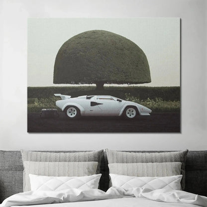 Moody texture detail of the dark ground contrasting with the bright white car in '6 am In Hamptons'.