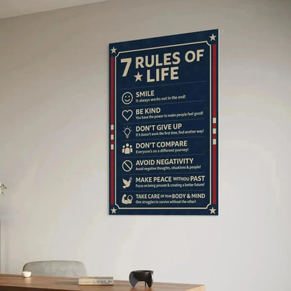 Angled shot of the textured canvas material of the 7 Rules of Life Canvas Wall Art hung on a modern,minimalist wall.