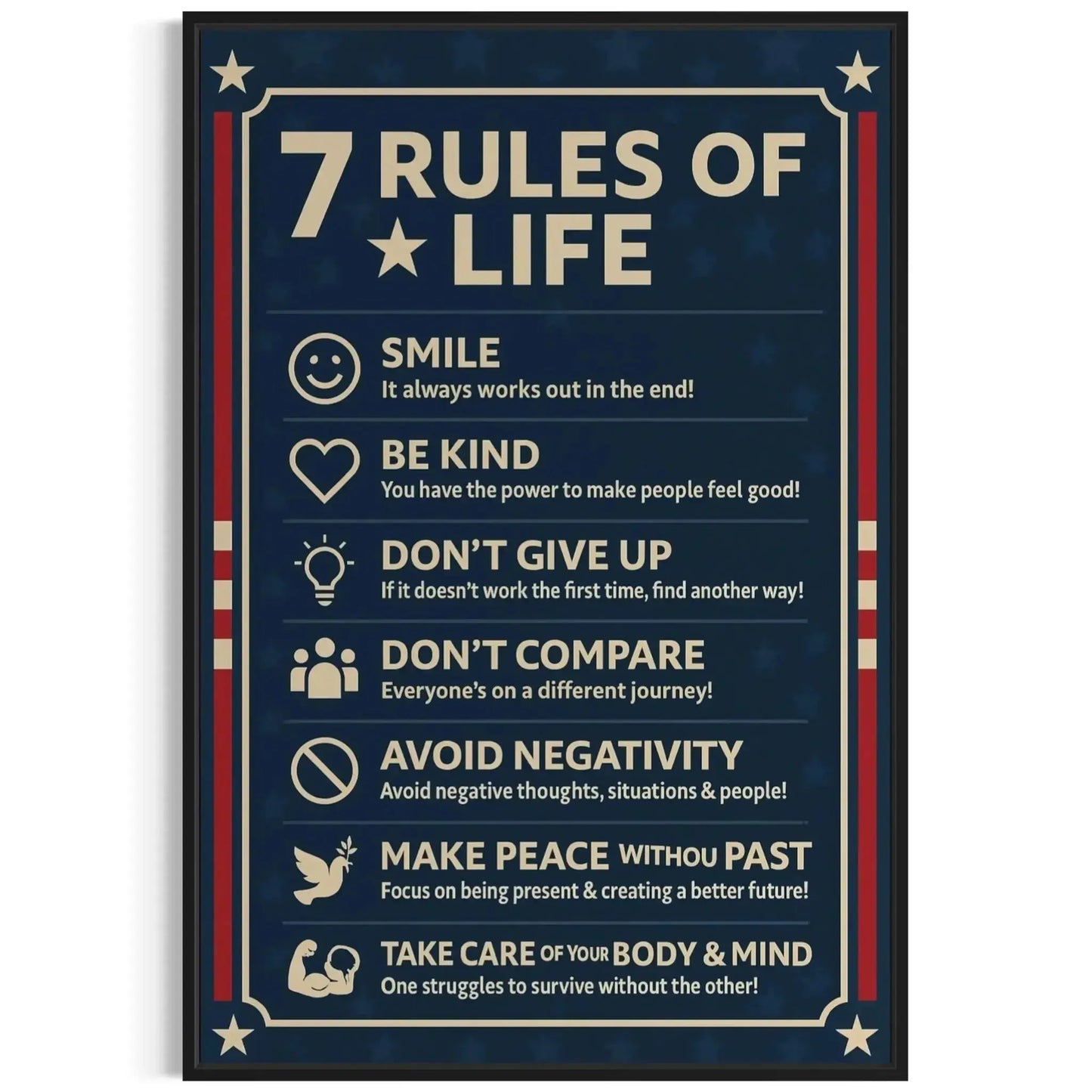 Lifestyle photo of the dark blue 7 Rules of Life Canvas Wall Art mounted above a desk in a professional home office setting.