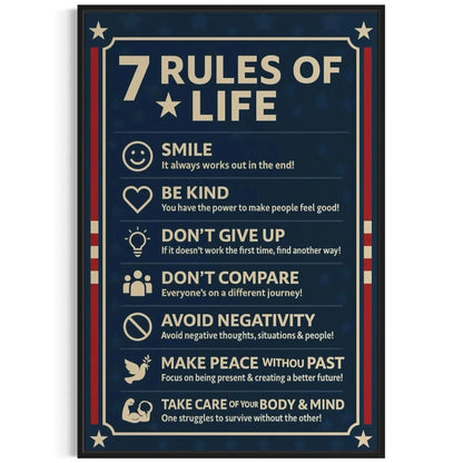 Lifestyle photo of the dark blue 7 Rules of Life Canvas Wall Art mounted above a desk in a professional home office setting.