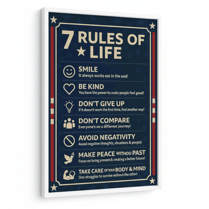canvas with '7 Rules of Life' on a dark blue background with white text and icons.