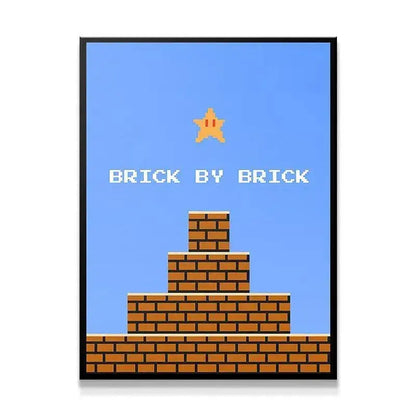 Full framed view of the '8bit Brick By Brick' poster against a clean, white background.